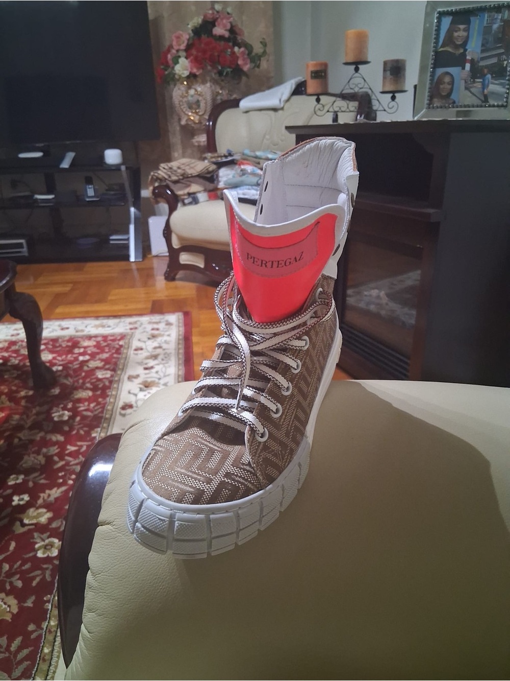 Men’s Brown Patterned High-Top Sneakers with Orange Accent